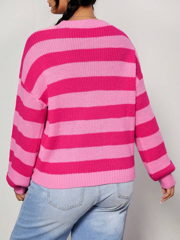 SHEIN Qutie Plus Striped Pattern Drop Shoulder Sweater | SHEIN