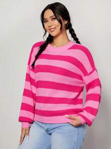 SHEIN EZwear Plus Striped Pattern Drop Shoulder Sweater - Hot Pink - View 3