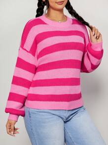 SHEIN EZwear Plus Striped Pattern Drop Shoulder Sweater - Hot Pink - View 4