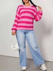 SHEIN EZwear Plus Striped Pattern Drop Shoulder Sweater - Hot Pink - View 5