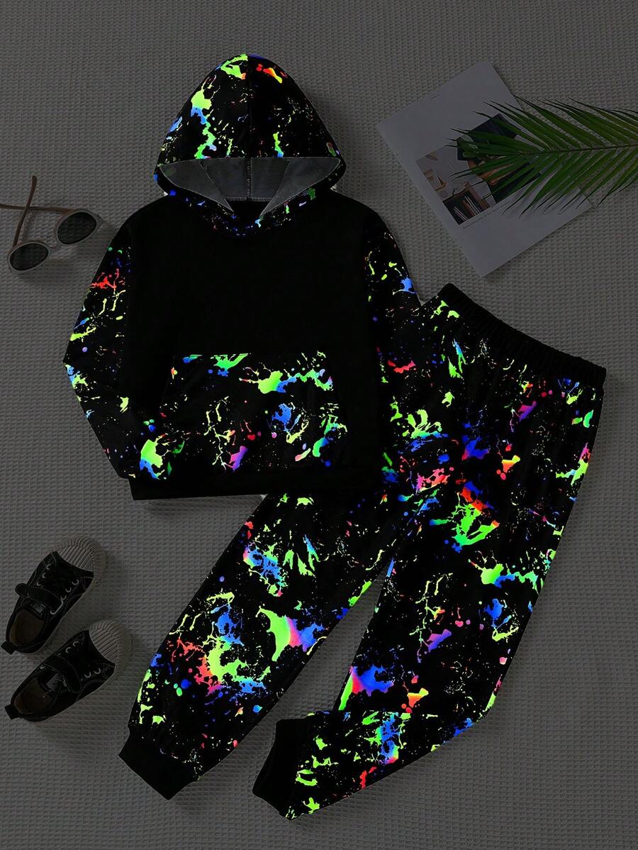 SHEIN Tween Boy Reflective Splash Ink Print Hoodie & Sweatpants - Black - View 1