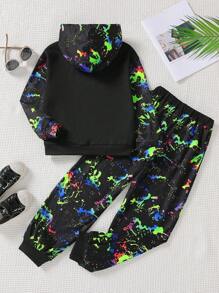 SHEIN Tween Boy Reflective Splash Ink Print Hoodie & Sweatpants - Black - View 2
