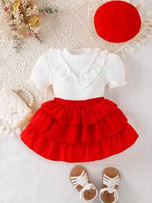 Baby Girl Ruffle Trim Puff Sleeve Tee & Layer Hem Skirt - Red and White - View 1