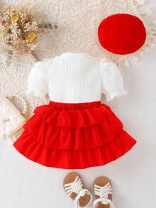 Baby Girl Ruffle Trim Puff Sleeve Tee & Layer Hem Skirt - Red and White - View 2