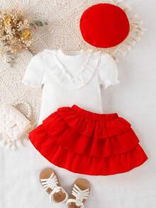 Baby Girl Ruffle Trim Puff Sleeve Tee & Layer Hem Skirt - Red and White - View 3