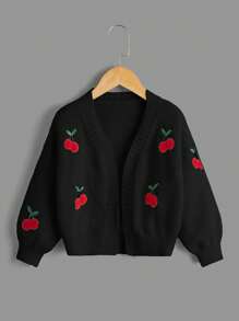SHEIN 少女时尚百搭樱桃刺绣长袖开衫，秋冬 - 黑色 - 查看 1