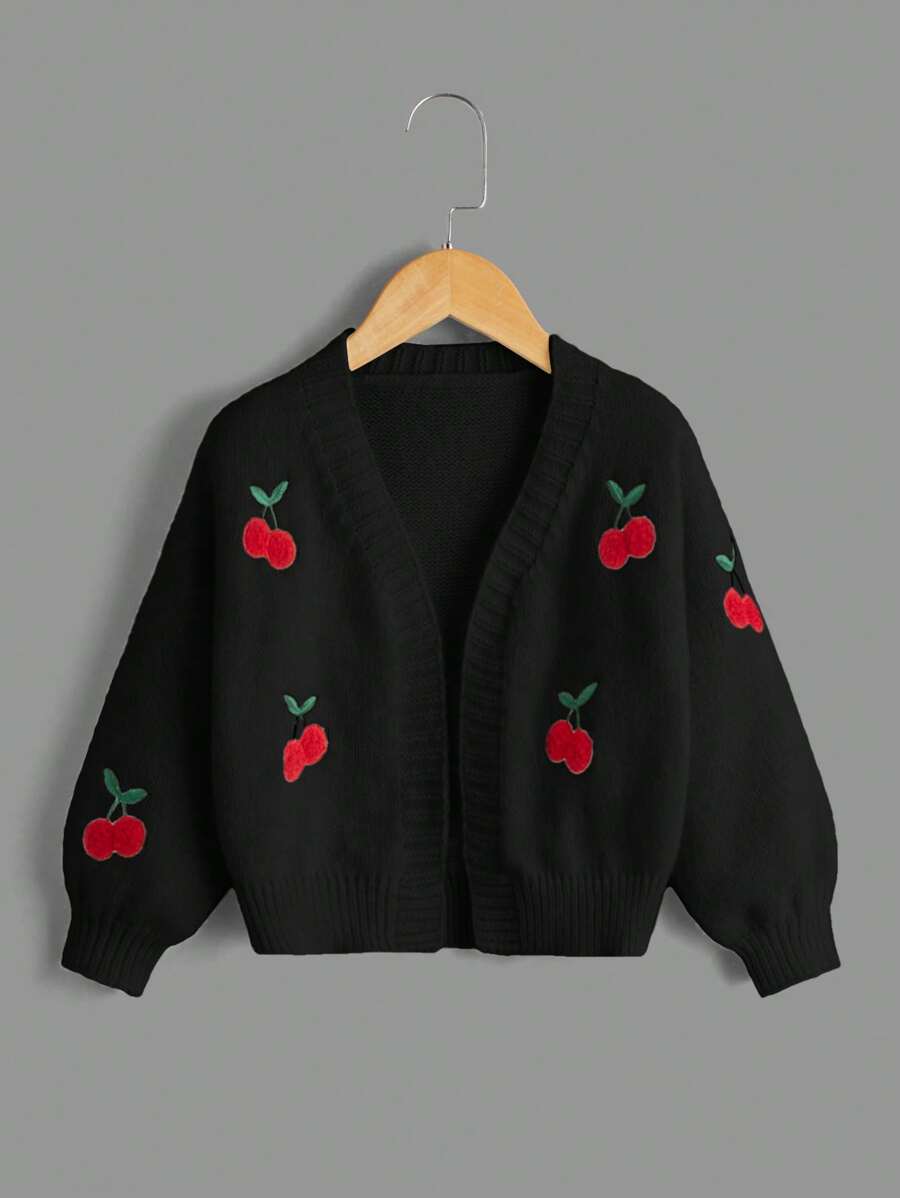 SHEIN 少女时尚百搭樱桃刺绣长袖开衫，秋冬 - 黑色 - 查看 1
