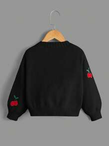 SHEIN 少女时尚百搭樱桃刺绣长袖开衫，秋冬 - 黑色 - 查看 2