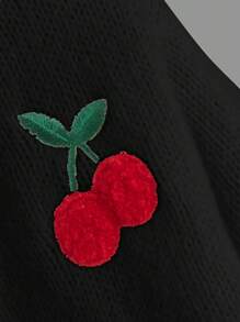 SHEIN 少女时尚百搭樱桃刺绣长袖开衫，秋冬 - 黑色 - 查看 3