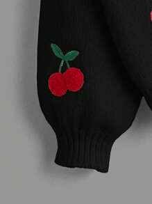 SHEIN 少女时尚百搭樱桃刺绣长袖开衫，秋冬 - 黑色 - 查看 4