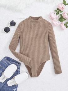 SHEIN Tween Girl Mock Neck Ribbed Knit Bodysuit - Khaki - View 1