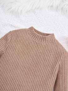 SHEIN Tween Girl Mock Neck Ribbed Knit Bodysuit - Khaki - View 4