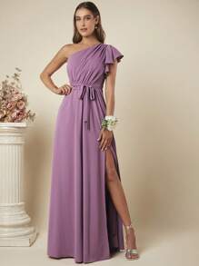 SHEIN Belle One Shoulder Split Thigh Belted Bridesmaid Dress - Mauve Purple - View 1