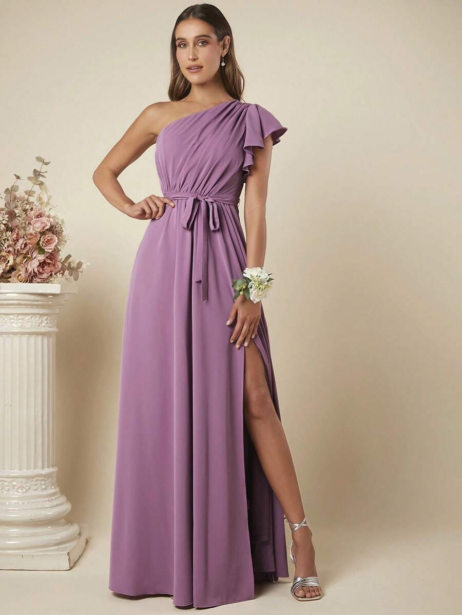 SHEIN Belle One Shoulder Split Thigh Belted Bridesmaid Dress - Mauve Purple - View 1