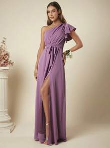 SHEIN Belle One Shoulder Split Thigh Belted Bridesmaid Dress - Mauve Purple - View 3