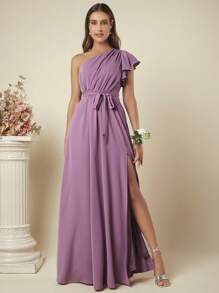 SHEIN Belle One Shoulder Split Thigh Belted Bridesmaid Dress - Mauve Purple - View 4