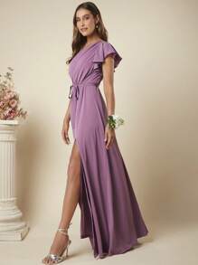 SHEIN Belle One Shoulder Split Thigh Belted Bridesmaid Dress - Mauve Purple - View 5