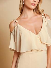 SHEIN Belle Cold Shoulder Ruffle Trim Wrap Hem Chiffon Dress - Apricot - View 3