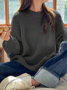 DAZY Solid Ribbed Knit Drop Shoulder Sweater,Fall Clothes - Dark Grey - View 2