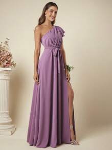 SHEIN Belle One Shoulder Split Thigh Belted Bridesmaid Dress - Mauve Purple - View 6