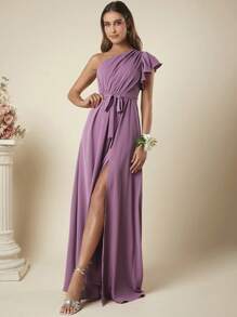 SHEIN Belle One Shoulder Split Thigh Belted Bridesmaid Dress - Mauve Purple - View 7