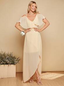 SHEIN Belle Cold Shoulder Ruffle Trim Wrap Hem Chiffon Dress - Apricot - View 6