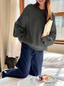 DAZY Solid Ribbed Knit Drop Shoulder Sweater,Fall Clothes - Dark Grey - View 3