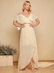 SHEIN Belle Cold Shoulder Ruffle Trim Wrap Hem Chiffon Dress - Apricot - View 7