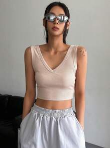 DAZY Solid Ribbed Knit Crop Tank Top - Apricot - View 3