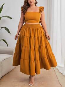 SHEIN Privé Plus-Size Elegant Vacation Seaside Solid Color Square Collar Ruffled Decorative Slim Crop Top And Umbrella Hem Large Ruffled High-Waist Slim Long Skirt