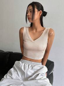 DAZY Solid Ribbed Knit Crop Tank Top - Apricot - View 1