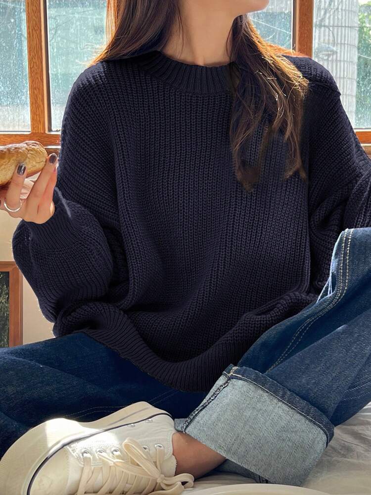 Solid Drop Shoulder Sweater,Long Sleeve Tops,Fall Clothes