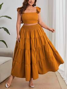 SHEIN Privé Plus-Size Elegant Vacation Seaside Solid Color Square Collar Ruffled Decorative Slim Crop Top And Umbrella Hem Large Ruffled High-Waist Slim Long Skirt