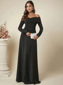 SHEIN Belle 一字肩短款上衣&半身裙 - 黑色 - 查看 1