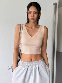 DAZY Solid Ribbed Knit Crop Tank Top - Apricot - View 6