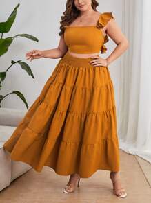 SHEIN Privé Plus-Size Elegant Vacation Seaside Solid Color Square Collar Ruffled Decorative Slim Crop Top And Umbrella Hem Large Ruffled High-Waist Slim Long Skirt