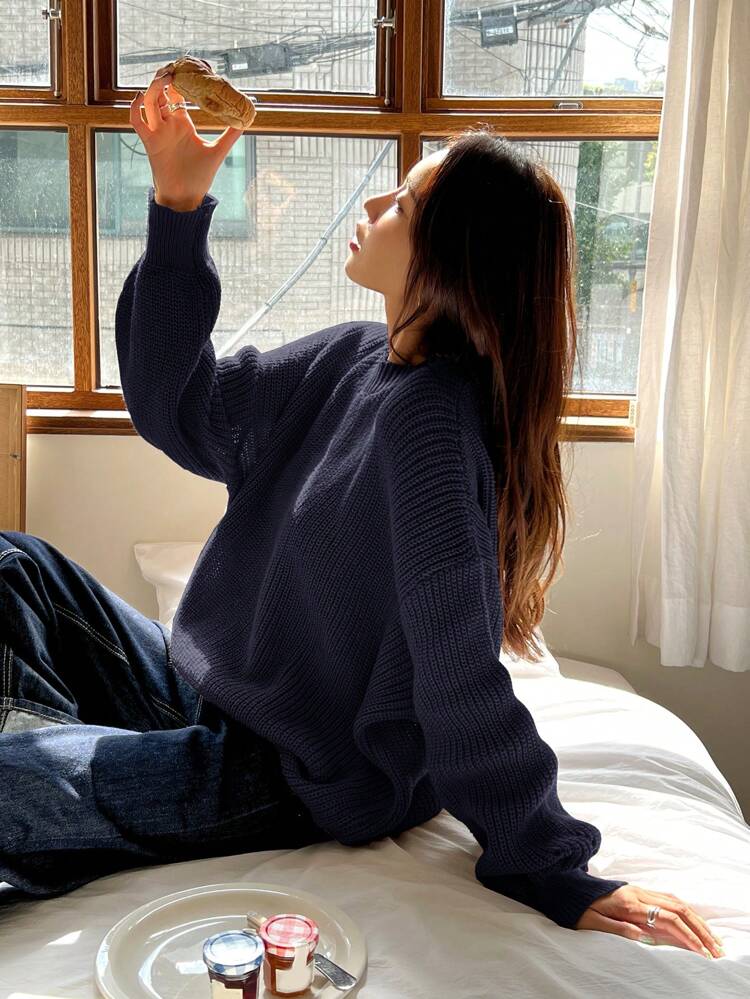 Solid Drop Shoulder Sweater,Long Sleeve Tops,Fall Clothes