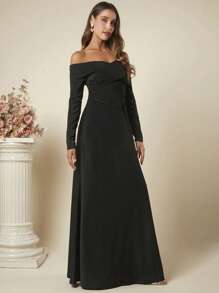 SHEIN Belle 一字肩短款上衣&半身裙 - 黑色 - 查看 3