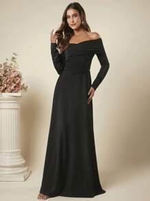 SHEIN Belle 一字肩短款上衣&半身裙 - 黑色 - 查看 5