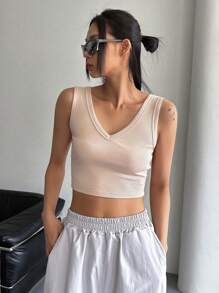 DAZY Solid Ribbed Knit Crop Tank Top - Apricot - View 8