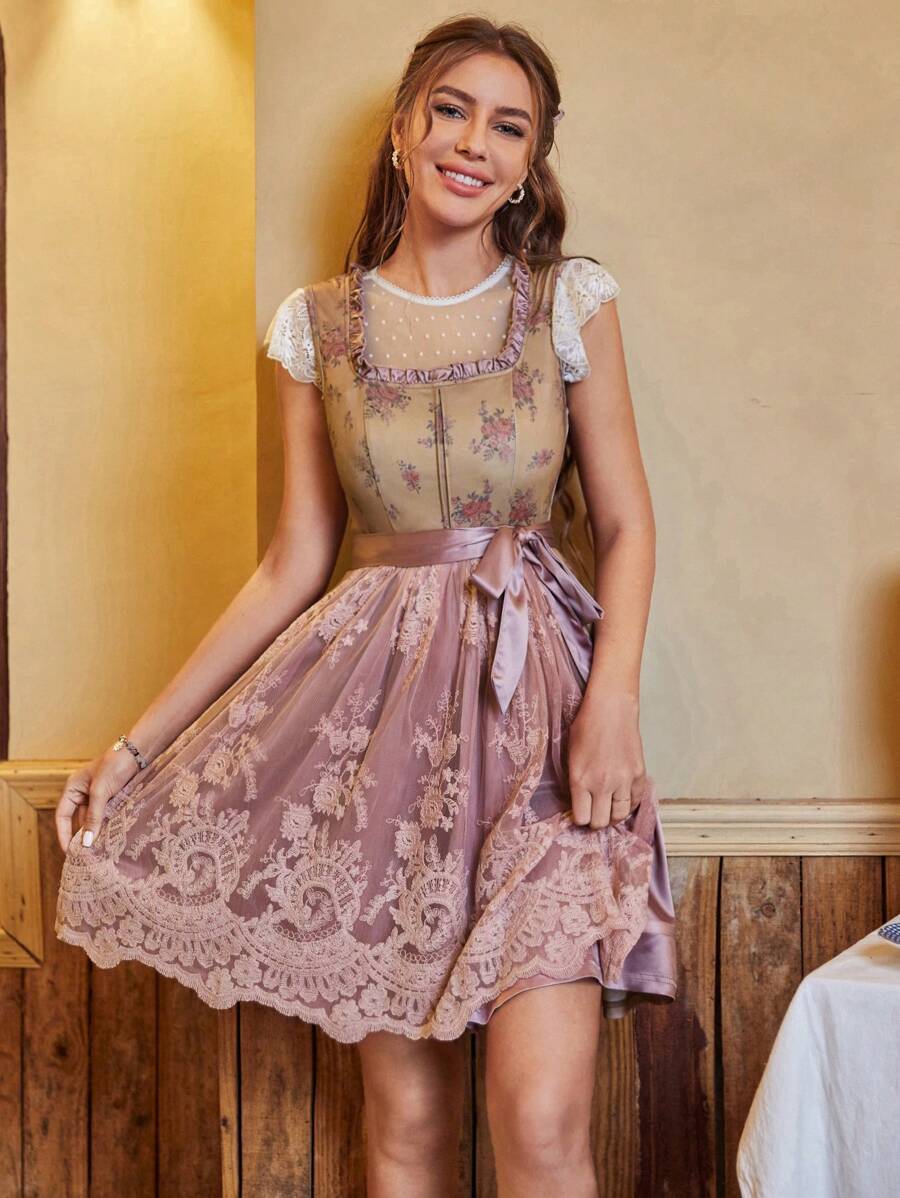 Chiquease Vestido con cinturón con bordado floral ribete con encaje sin top - Multicolor - Ver 1