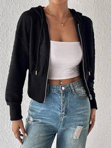 Chiquease Drop Shoulder Drawstring Hooded Crop Jacket Fall Cloth For Women - Black - View 2
