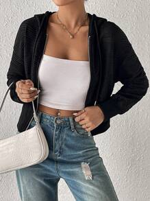 Chiquease Drop Shoulder Drawstring Hooded Crop Jacket Fall Cloth For Women - Black - View 5