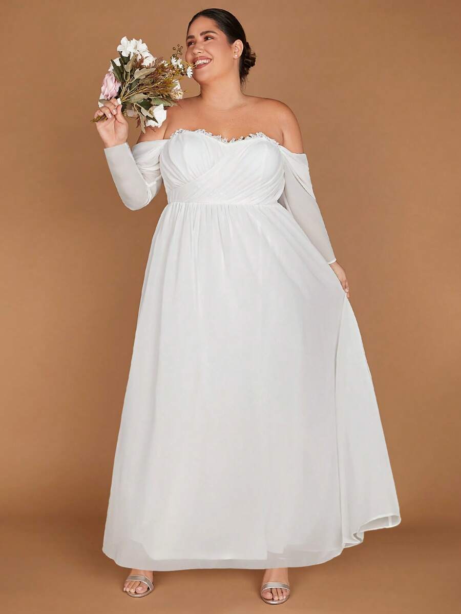 SHEIN Belle Plus Off Shoulder Frill Trim Maxi Wedding Dress - White - View 1