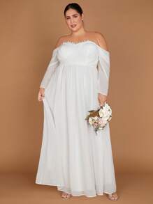 SHEIN Belle Plus Off Shoulder Frill Trim Maxi Wedding Dress - White - View 6