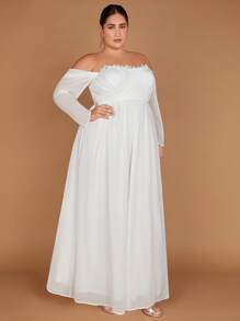 SHEIN Belle Plus Off Shoulder Frill Trim Maxi Wedding Dress - White - View 4