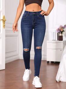 SHEIN Essnce Solid Ripped Skinny Jeans - Dark Wash - View 1