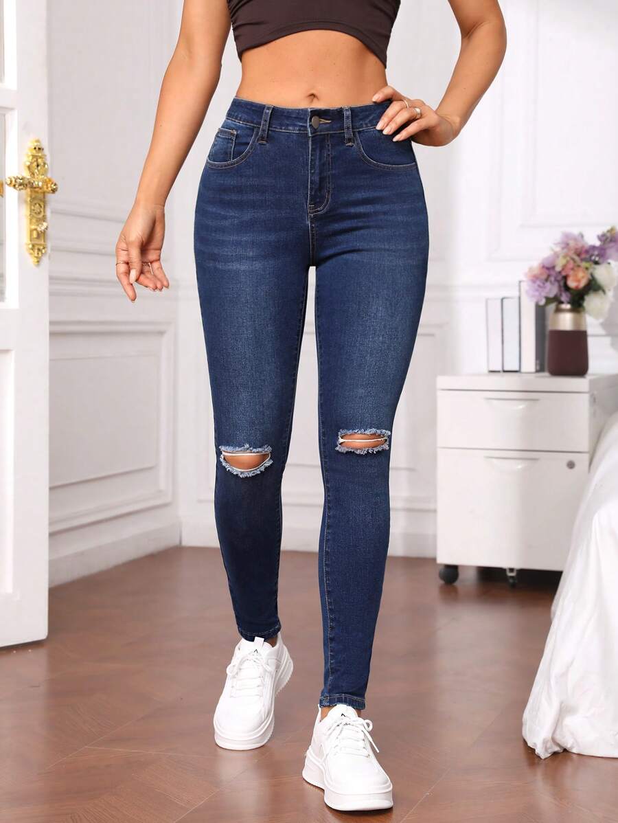 SHEIN Essnce Solid Ripped Skinny Jeans - Dark Wash - View 1