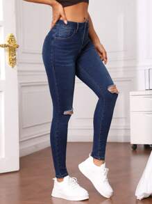 SHEIN Essnce Solid Ripped Skinny Jeans - Dark Wash - View 7