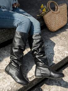 Elegant Women's Fashionable Boots With Decorative Wrinkles And Series Design, Round Toe, Flat Sole To Elongate Legs And Show Slimness, Black, Khaki, Brown, Grey, Suitable For Various Occasions Such As Music Festival, Party, Vacation And All Seasons - Black - View 1